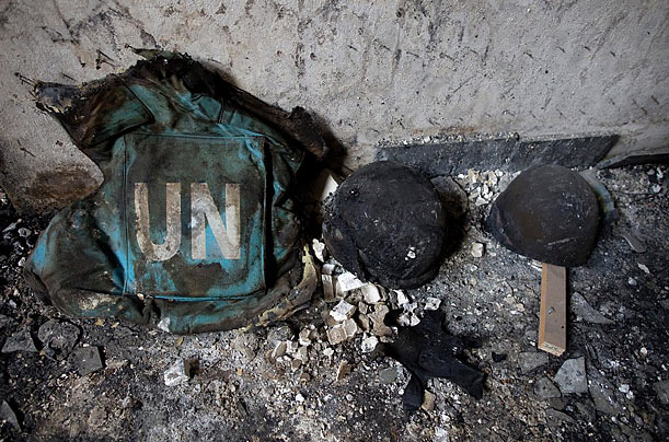 UN-welcome
A United Nations flack jacket and helmets lay on the floor inside a destroyed UN guest house in Kabul